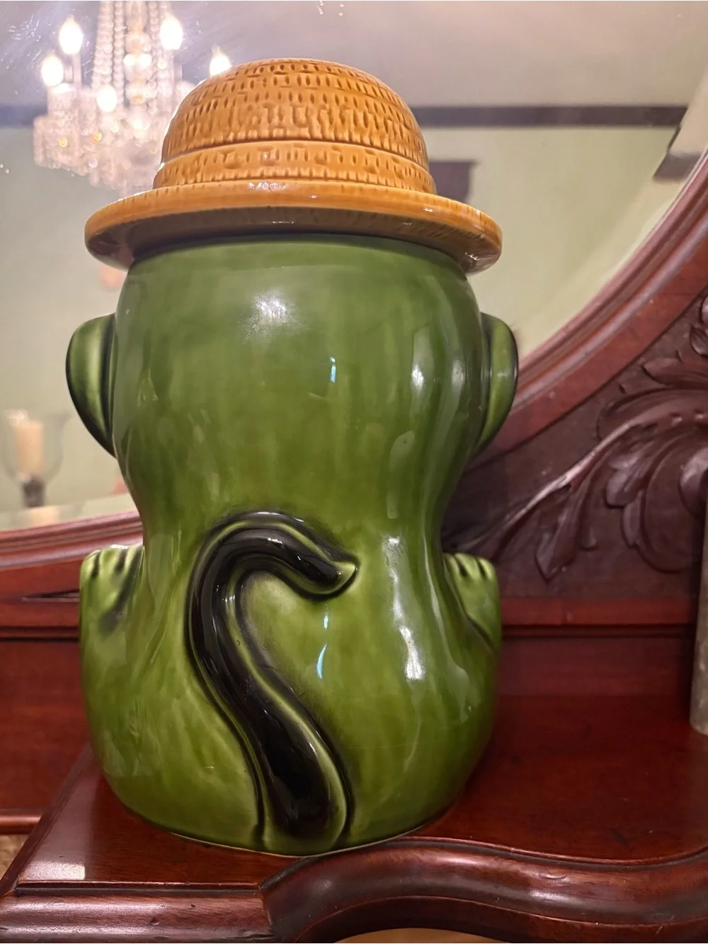 Japanese Green Ceramic Monkey Cookie Jar with Straw Hat